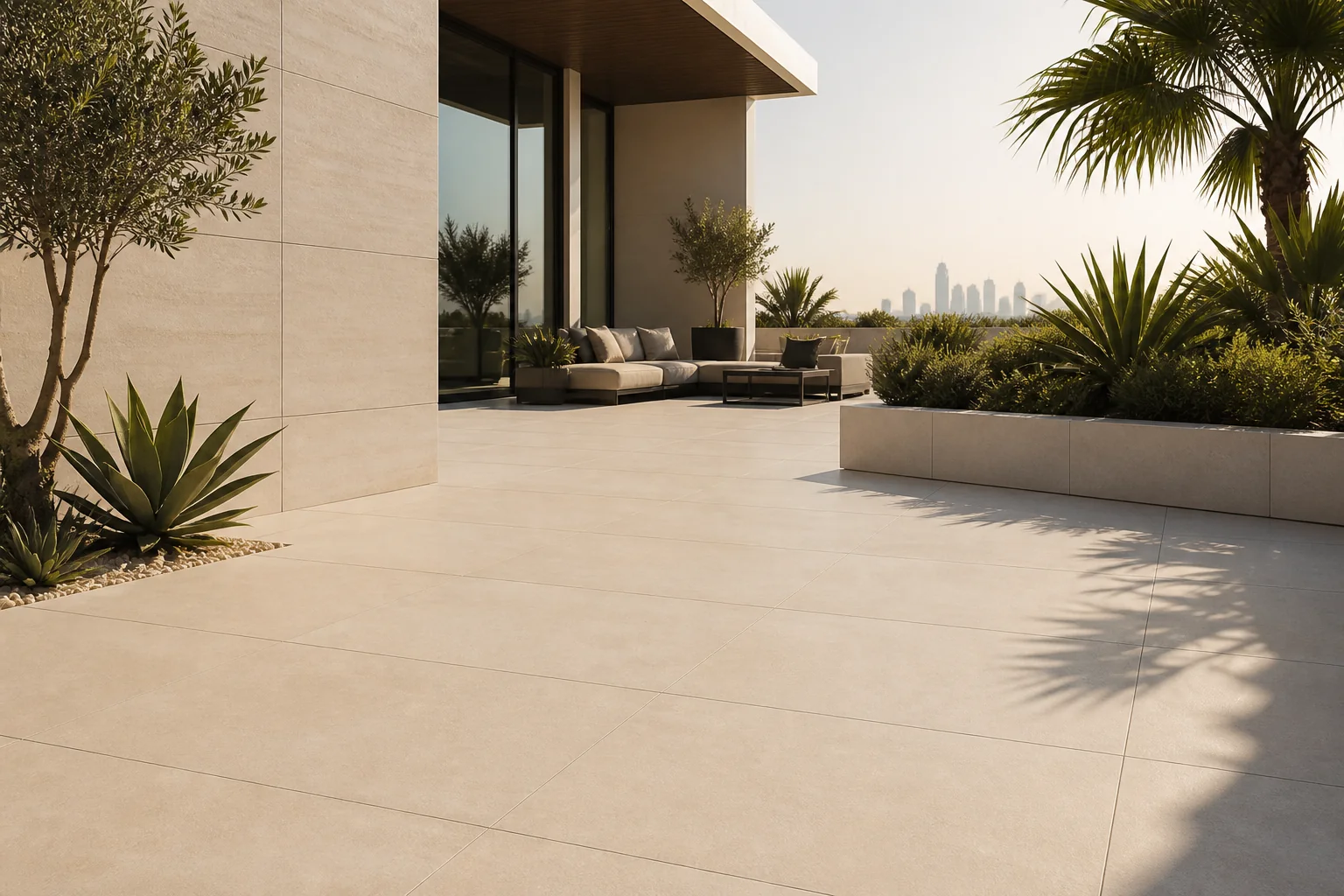 Sunlit UAE villa terrace finished with heat-stable beige porcelain tiles