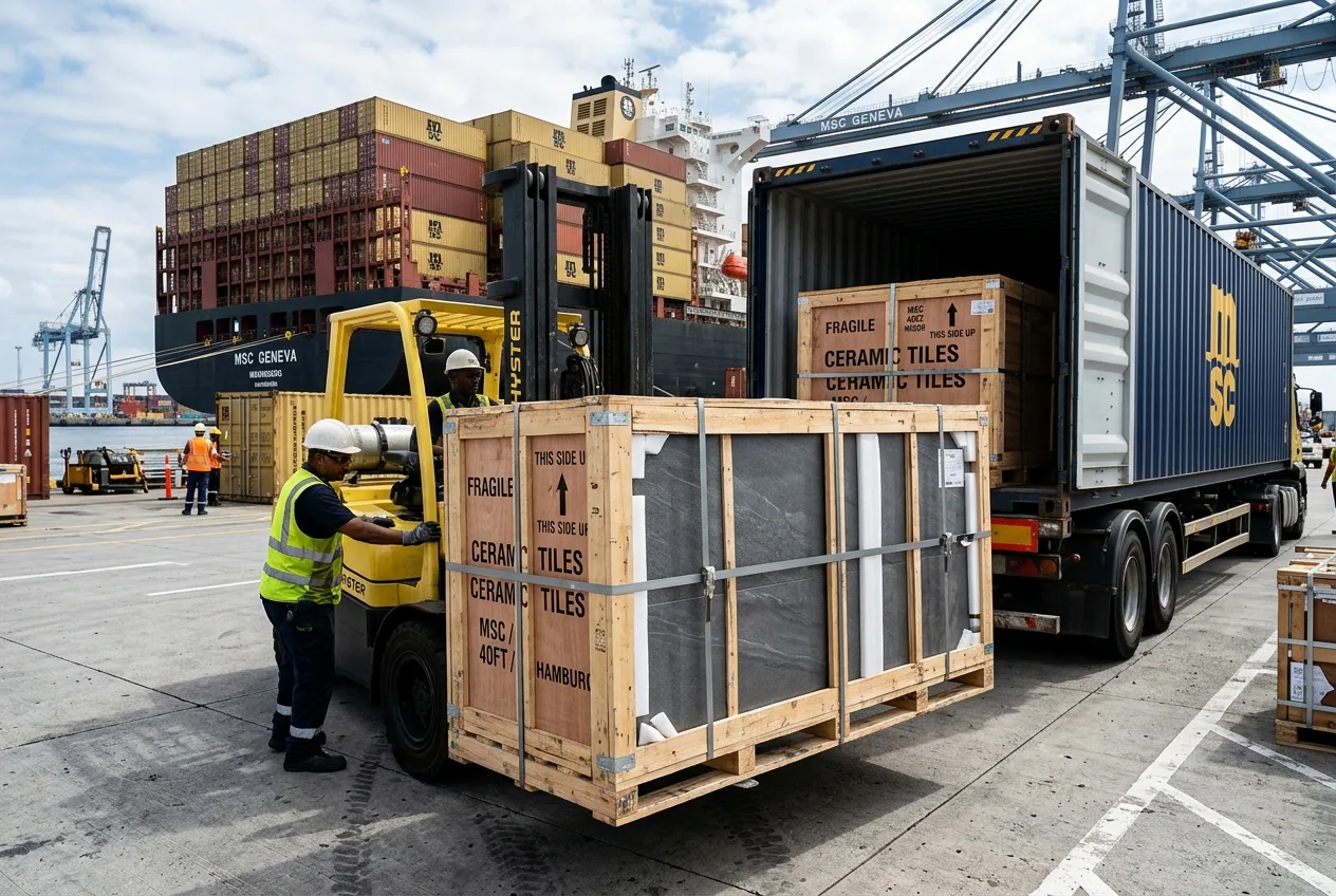 Export tile crates loaded securely inside a shipping container